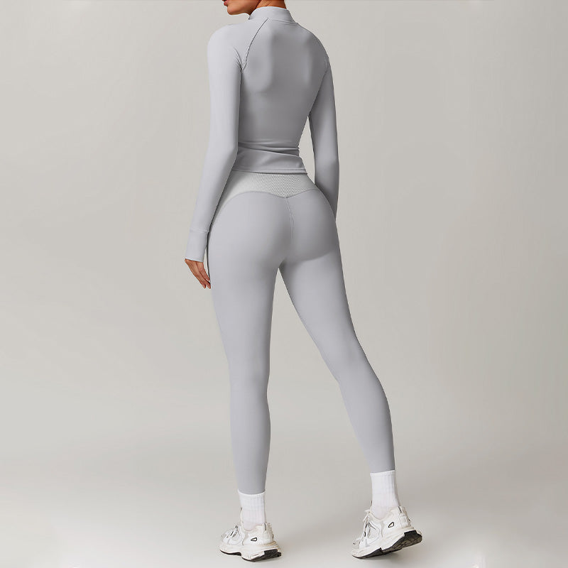 Long Sleeve Full Zipper Fitness Top + High waist leggings 2-pieces set