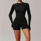 Threaded seamless long-sleeved top+ high waist shorts 2 pieces set