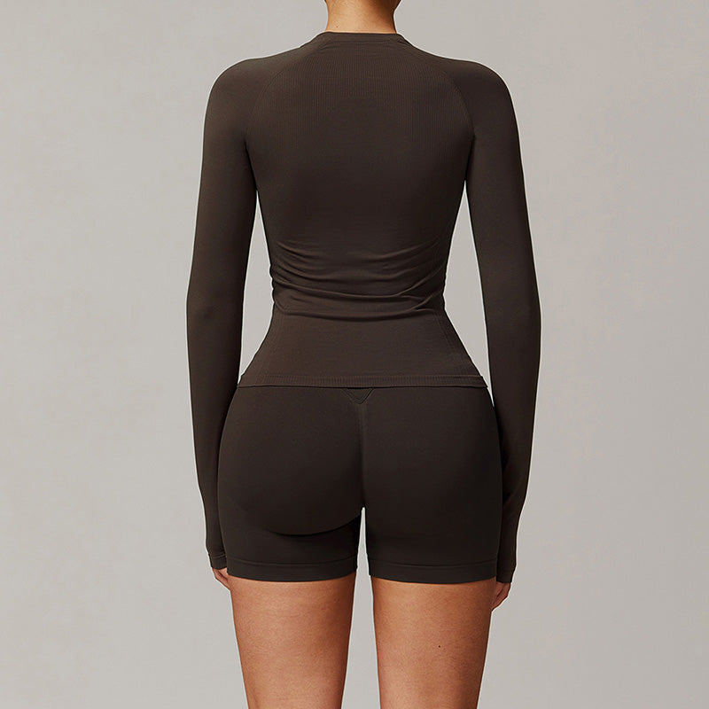 Threaded seamless long-sleeved top+ high waist shorts 2 pieces set