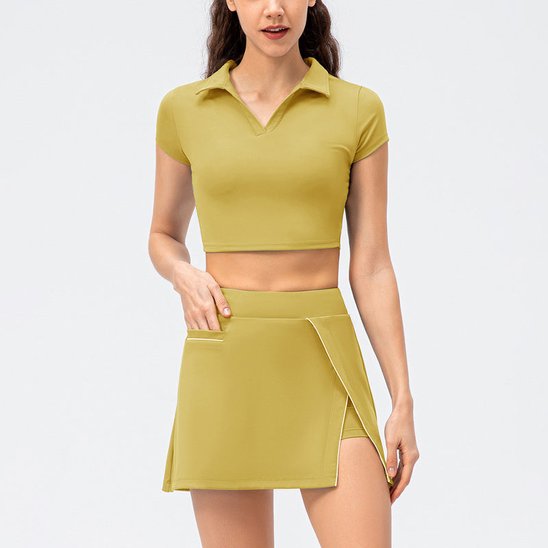 Nude Tight Short-sleeved + Fitness Tennis Skirt- 2-piece set