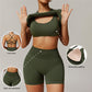 Threaded seamless short sleeve top+bra+ shorts 3 pieces set