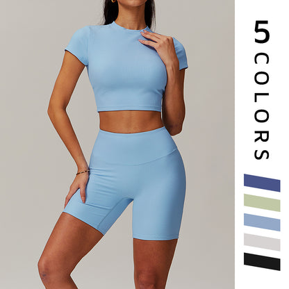 Quick-Dry Short sleeve sports crop top + High-waist shorts 2-piece set