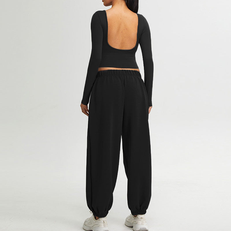 long sleeved Backless top And Elastic Leg Sweatpants 2-piece Set