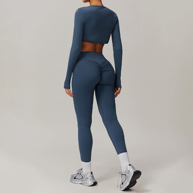 Solid elastic bra+long sleeve top+hip-lifting leggings 3 pieces set