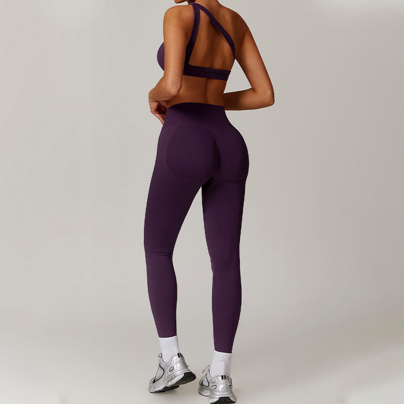 Nude Hollow out Fitness Bra + High waist leggings 2-pieces set