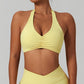 Solid halterneck chest pleated sports bra