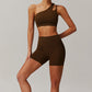 Quick-dry one shoulder sports bra + High waist shorts 2-piece set