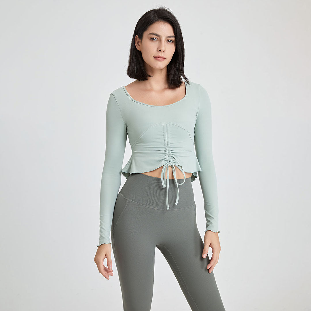 Ruffles with irregular bottom Long-sleeved sports top