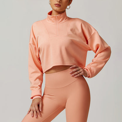 Loose Half Zipper Long Sleeve Crop Top Sweatshirt