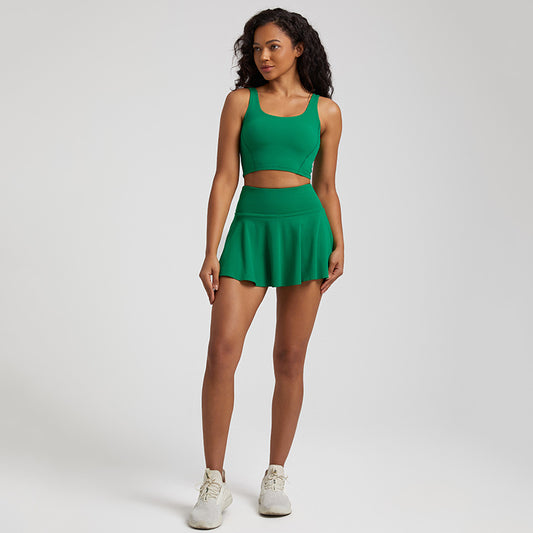 Solid Sports Bra&Tennis Skirt 2 Piece Set