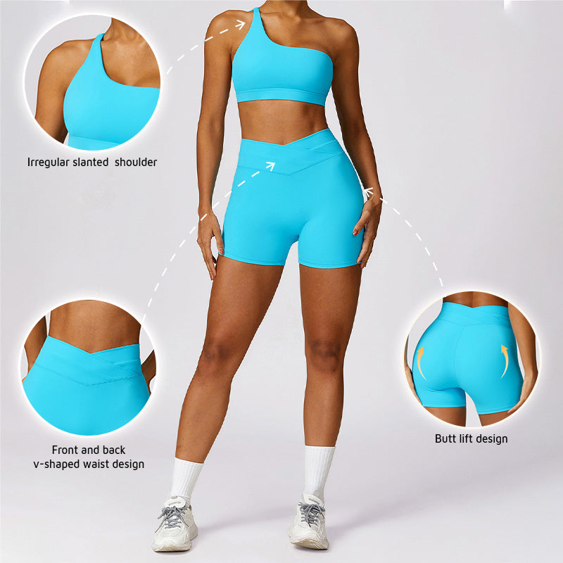 Quick-Dry one shoulder Fitness Bra + High waist shorts 2-pieces set