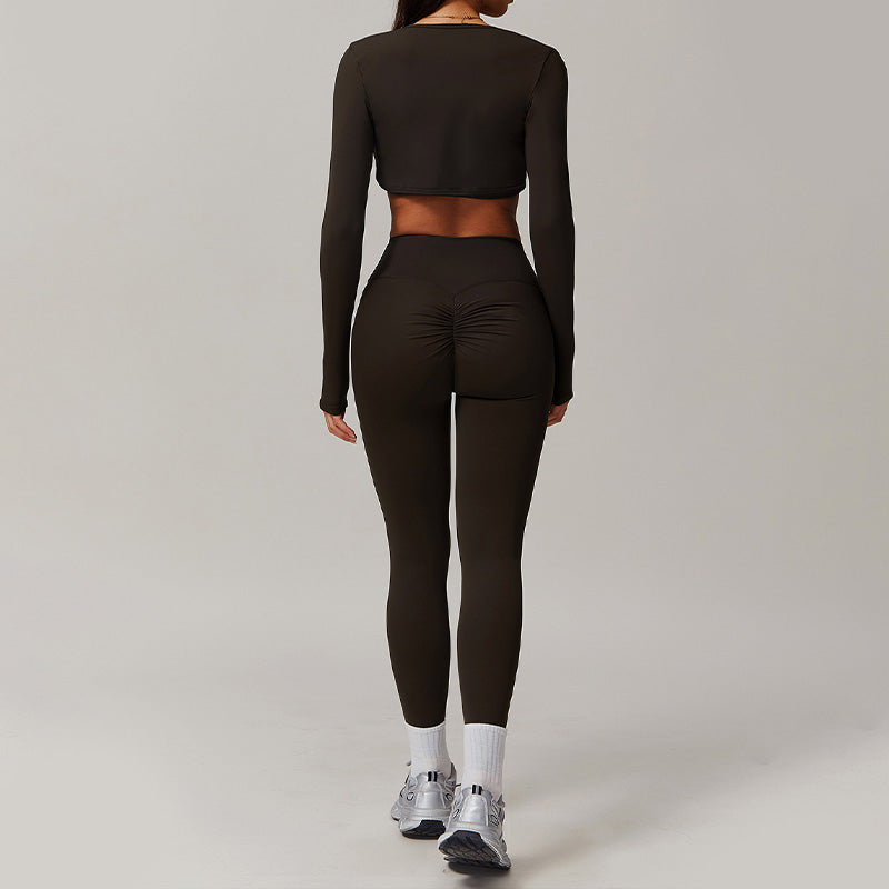 Solid elastic bra+long sleeve top+hip-lifting leggings 3 pieces set