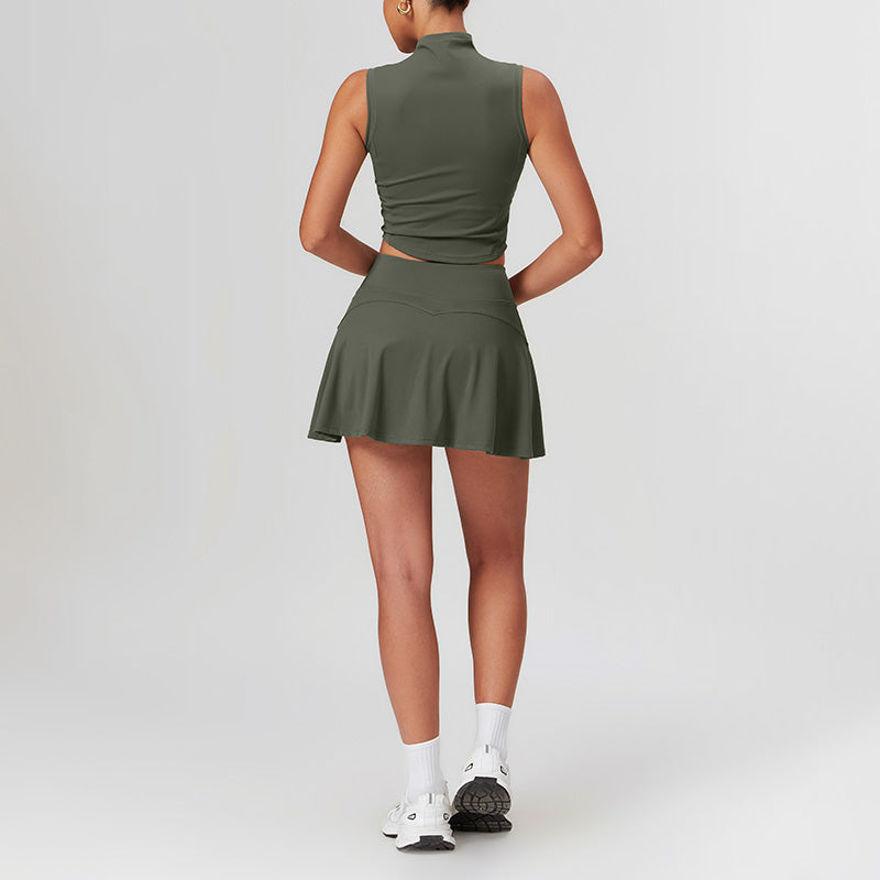 High Collar Sports Tank Top + Skinny Tennis Skirts 2 piece Set