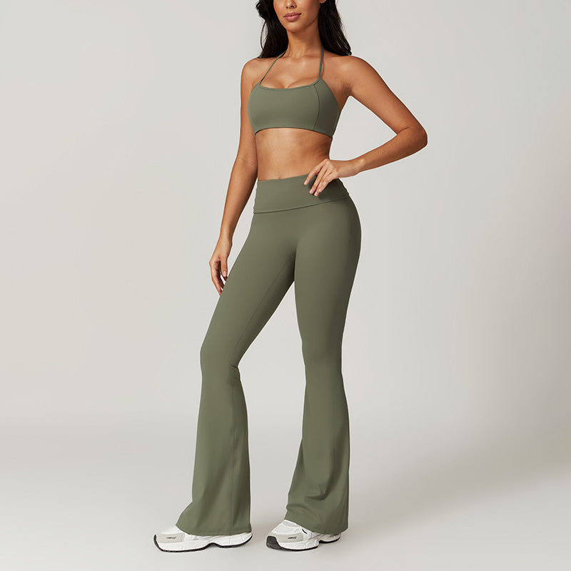 Quick Dry Halterneck Bra +Flare Leg Pants-2 Pieces Set