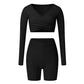 cross long sleeve sports crop top + high waist shorts 2-piece set