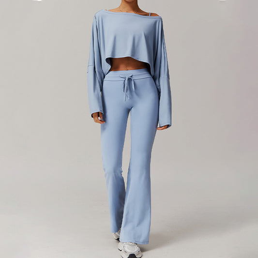 Long sleeve loose off shoulder top + Flared Leg pants 2-piece set