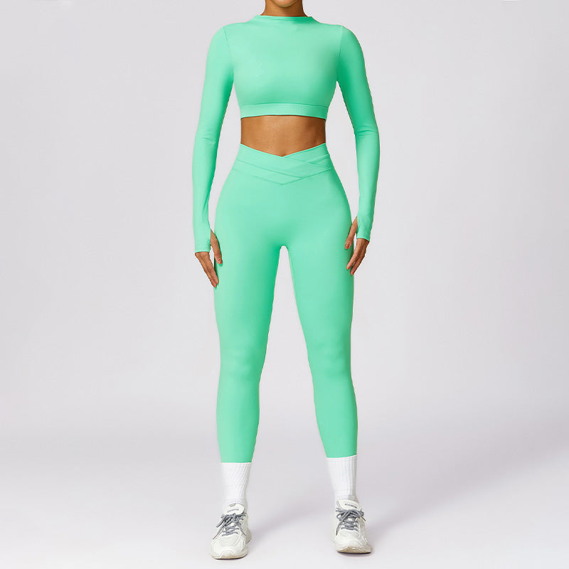 Quick-Dry long sleeve sports crop top + High waist legging 2-pieces set