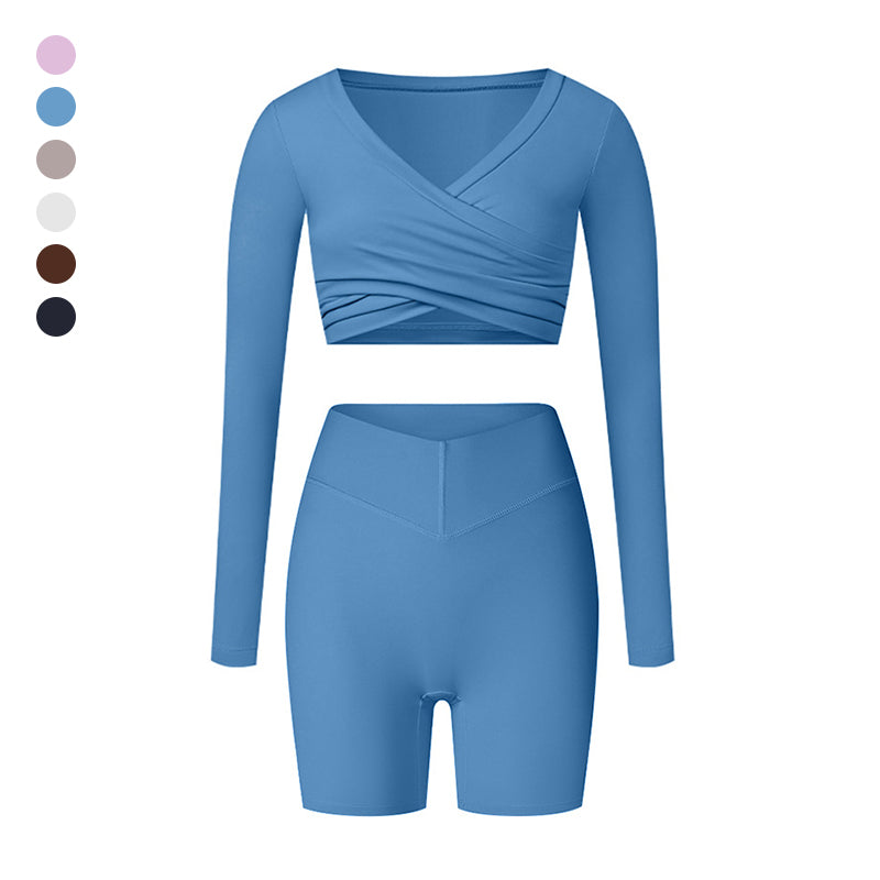 cross long sleeve sports crop top + high waist shorts 2-piece set