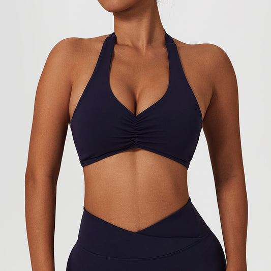 Solid halterneck chest pleated sports bra