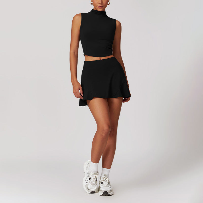 High Collar Sports Tank Top + Skinny Tennis Skirts 2 piece Set