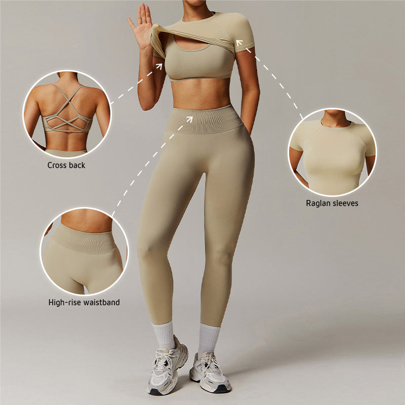 Threaded seamless short sleeve top+ bra+tight leggings 3 pieces set