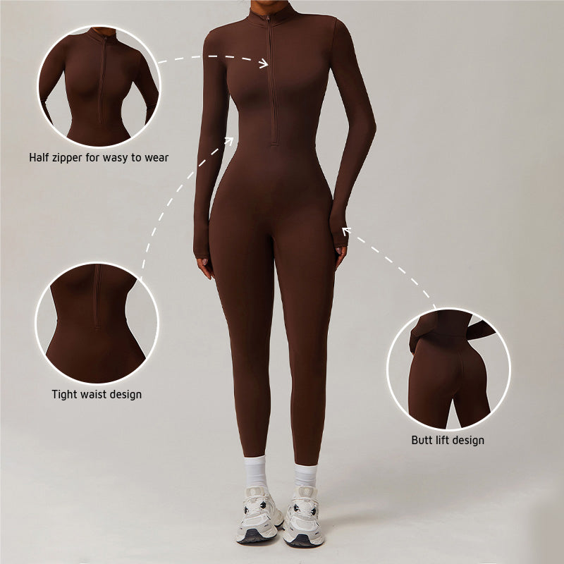 Nude Quick-Dry Stand Collar Zipper Fitness Jumpsuits