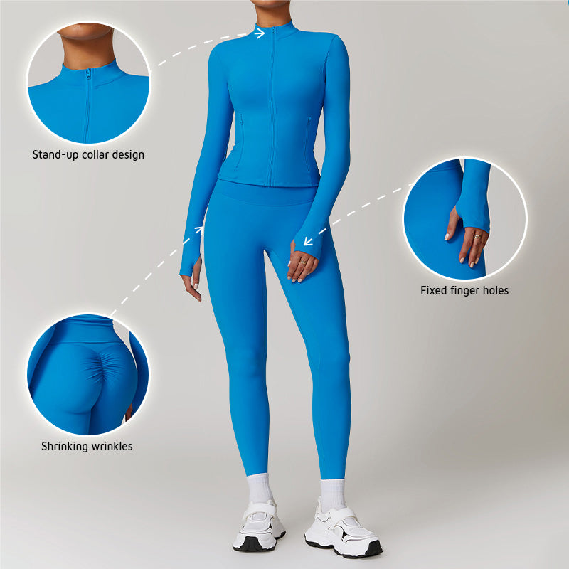 Long Sleeve Full Zipper Fitness jacket + High waist leggings 2-piece set