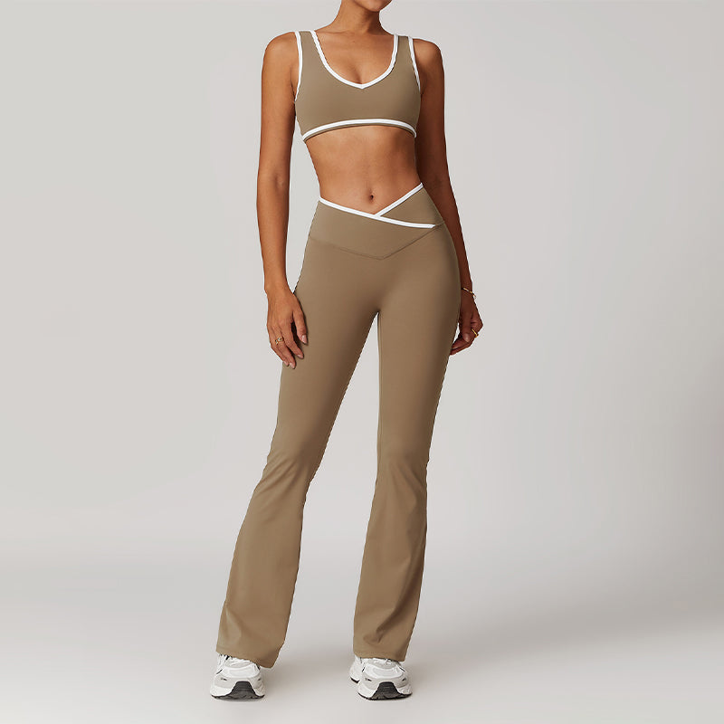 Ultra-Soft Contrasting Color Sports Bra + Cross High Waist Pants Suit