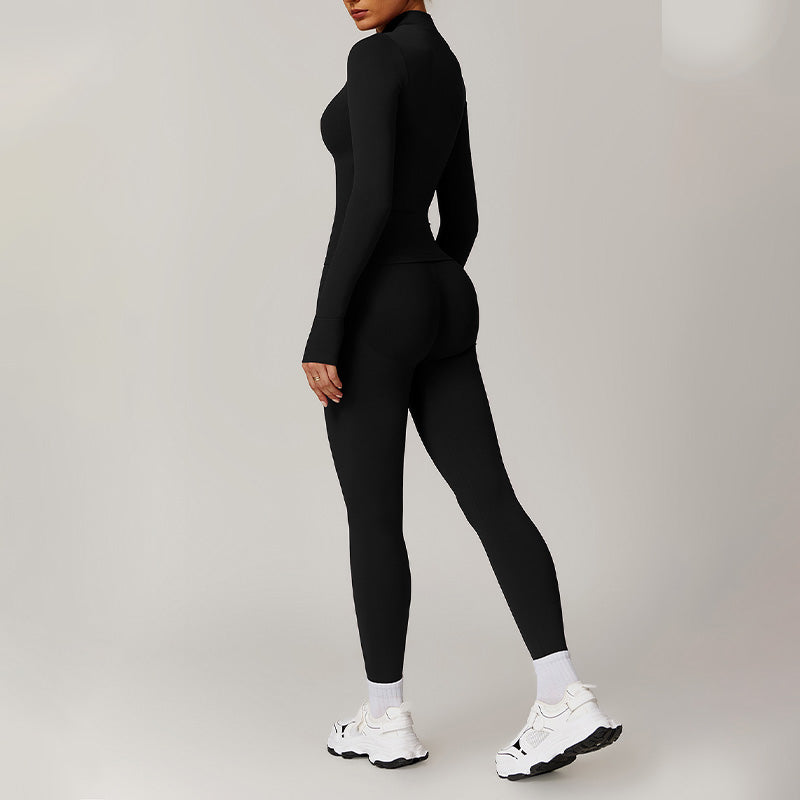 stand collar Full Zipper Fitness jacket + High waist leggings set