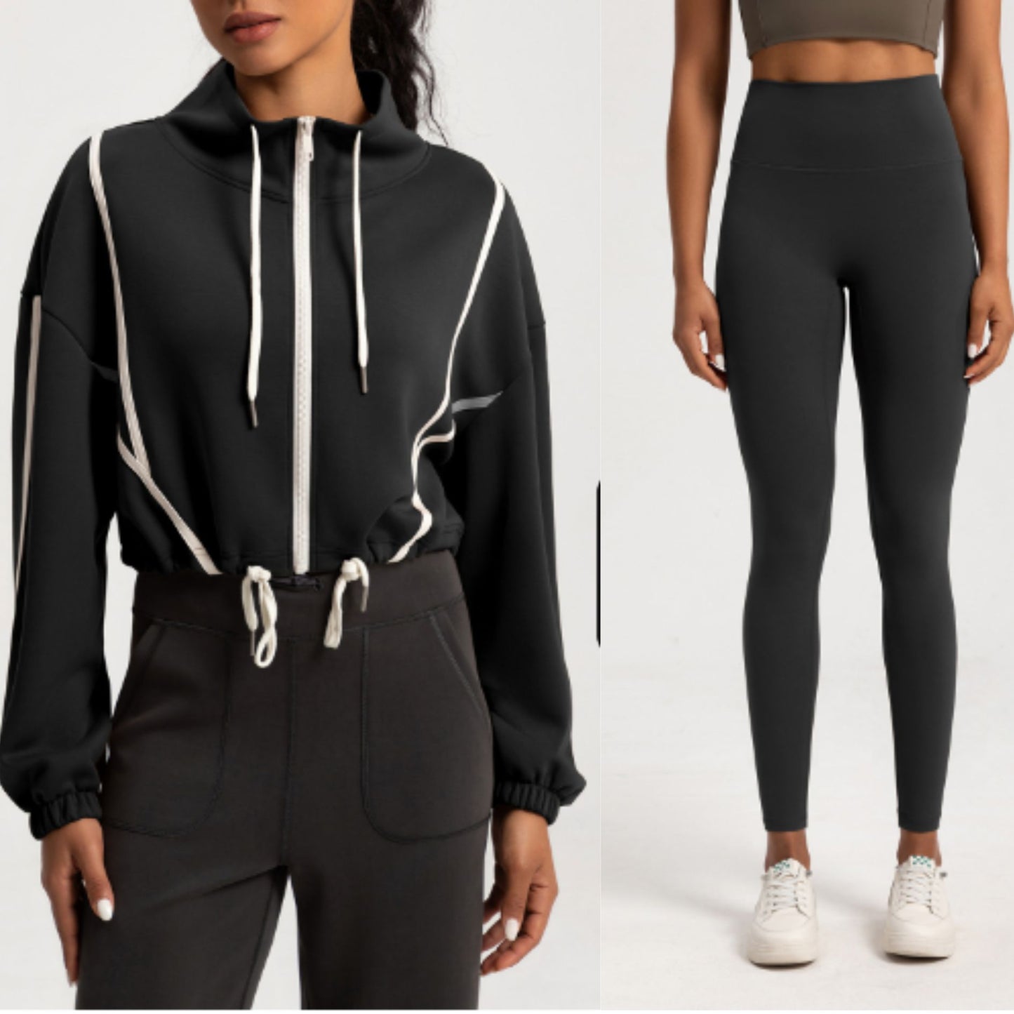 Drawstring zipper jacket & leggings 2-piece set