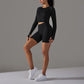 Seamless Knitting Sports Long Sleeve Top + High-Waisted Shorts Set