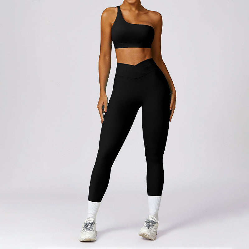 Quick-Dry one shoulder Fitness Bra + High waist leggings 2-pieces set