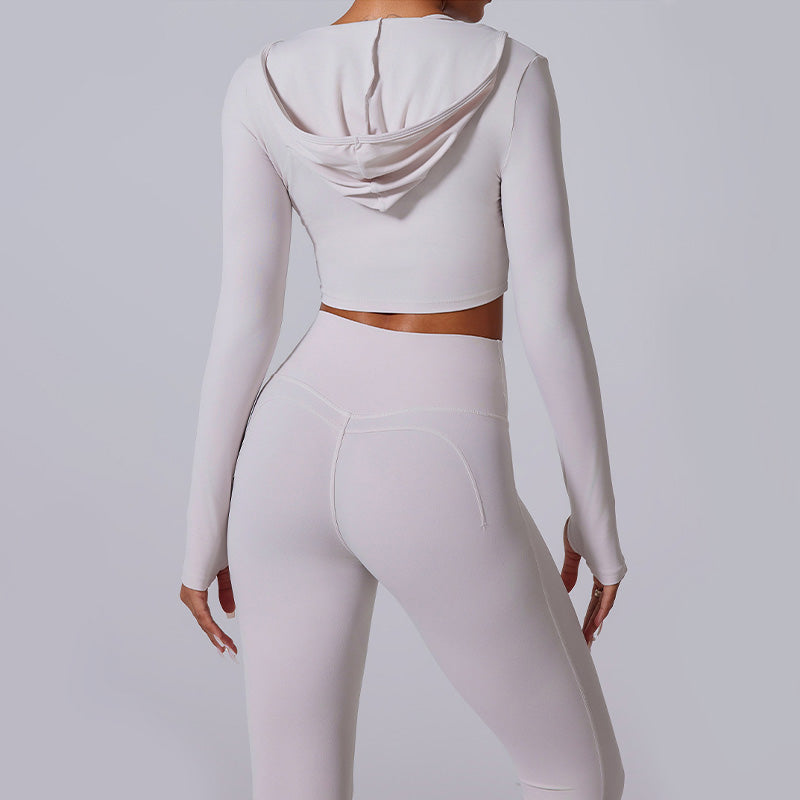 long sleeve hooded sports top + high waist leggings 2-piece set