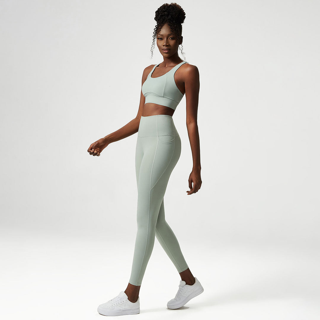 Back crossover solid sports bra + pants two-piece set