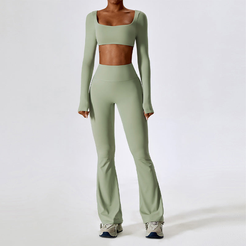 Solid color yoga fitness long sleeve + flared leg pants two-piece set