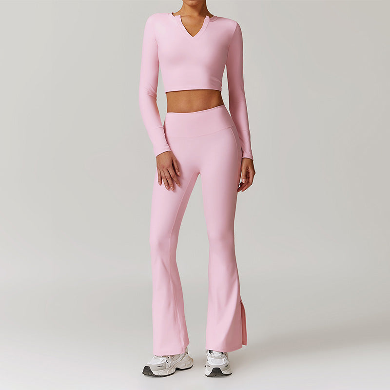 Nude Outdoor Sports Long Sleeve Top + High-Waisted Flared Leg Pants Set