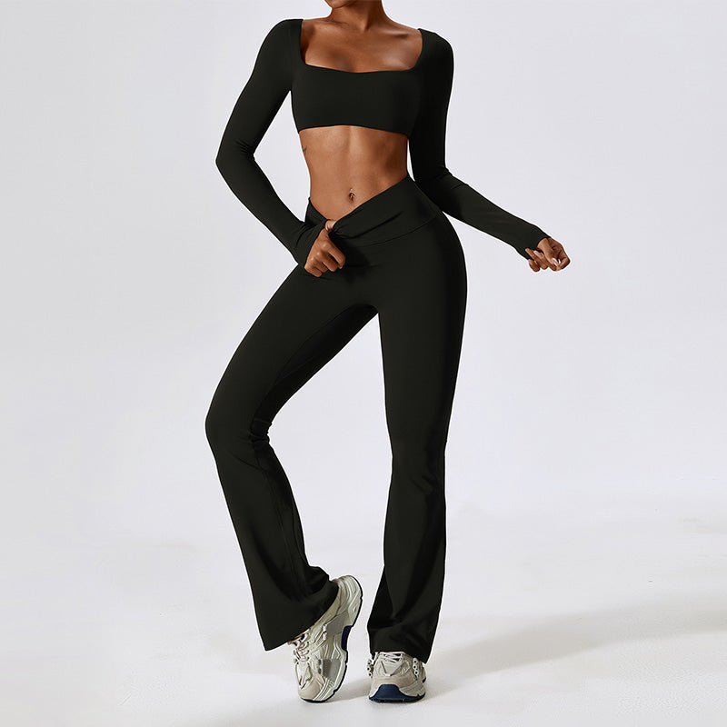 Solid color yoga fitness long sleeve + flared leg pants two-piece set