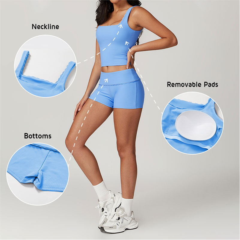 Lace-trimmed beauty back sports vest + shorts 2-piece set