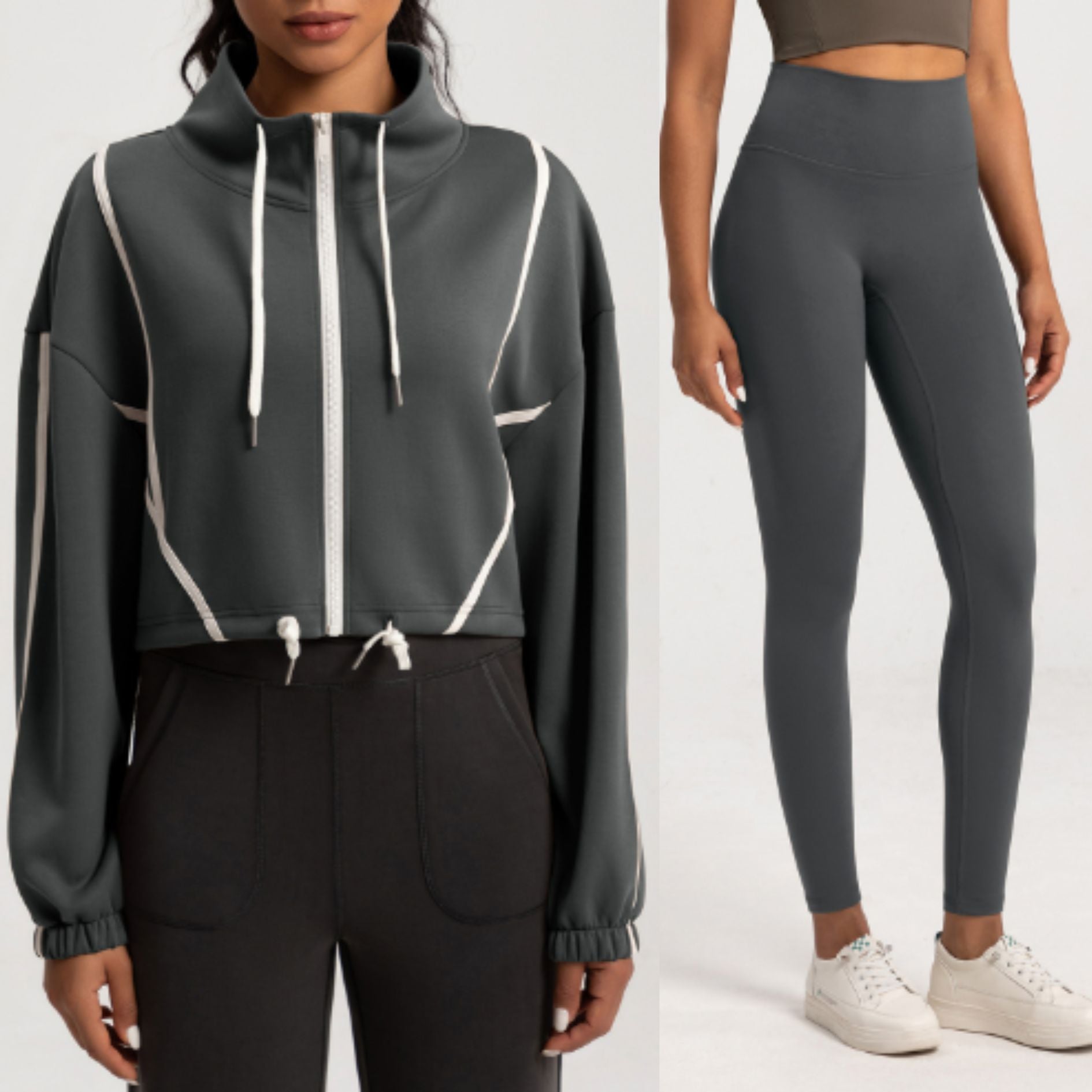 Drawstring zipper jacket & leggings 2-piece set