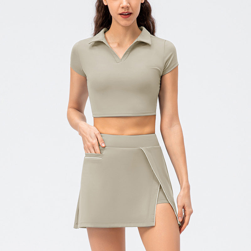 Nude Tight Short-sleeved + Fitness Tennis Skirt- 2-piece set