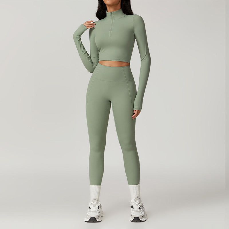 Breathable Half Zipper Sports Top + Leggings 2-piece Set