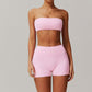 Nude tube top with sports bra+Solid High-waist shorts 2 pieces set