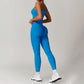 Brushed Asymmetric straps sports tank top + High-waist leggings 2-piece set