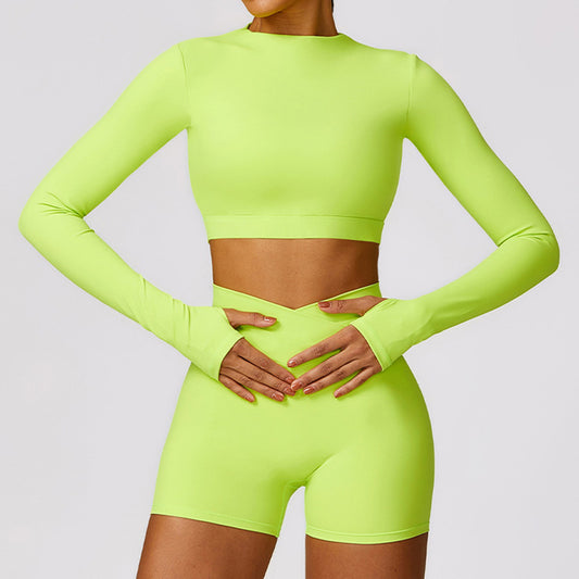 Quick-Dry long sleeve sports crop top + High waist shorts 2-pieces set