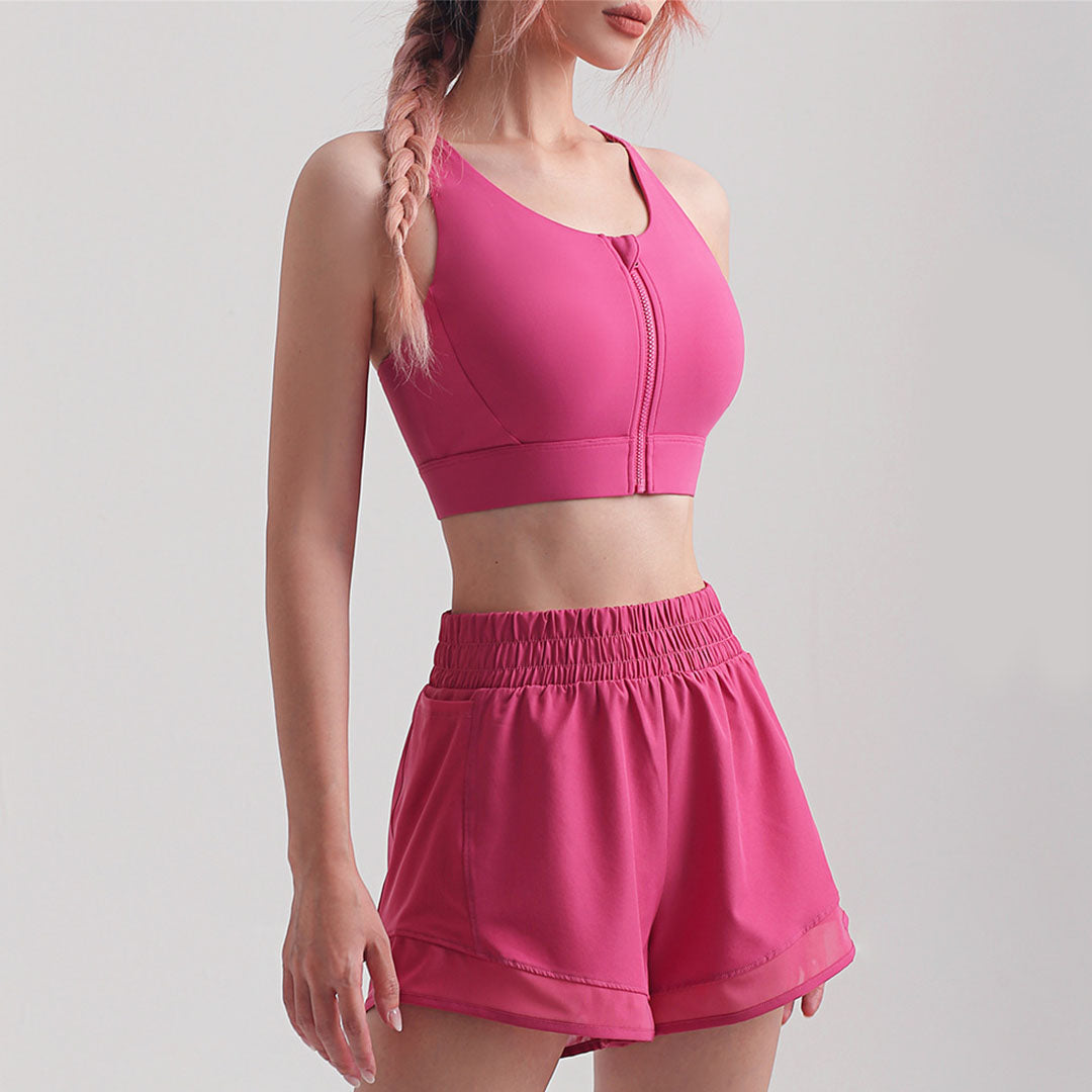 Solid color front zipper back cross-sport bra