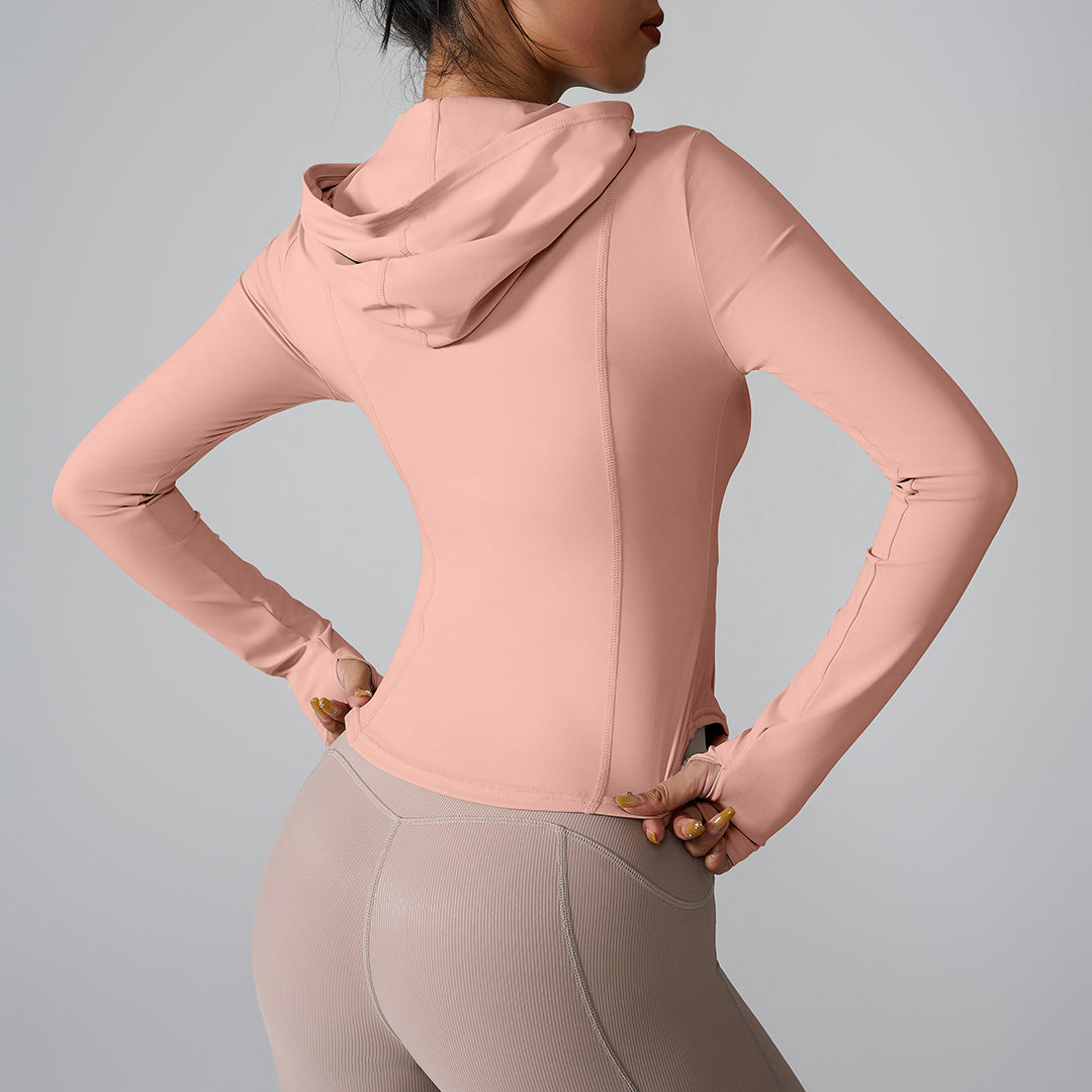 Long sleeved zippered hooded sports top