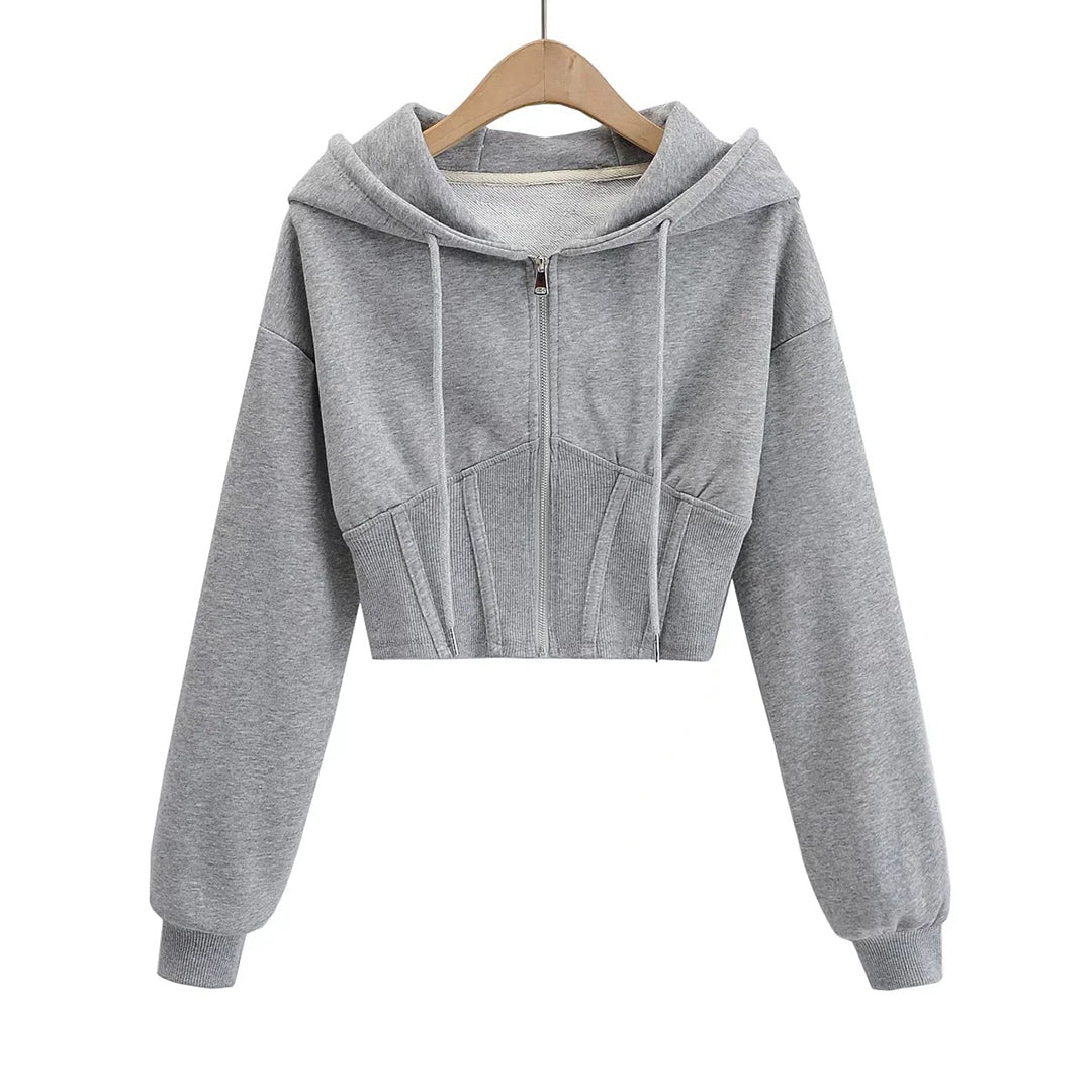 Casual Drawstring Zip Cropped Sports Hooded Jacket