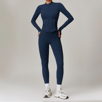 Fleece Long Sleeve Full Zipper Fitness Tops + High waist leggings set