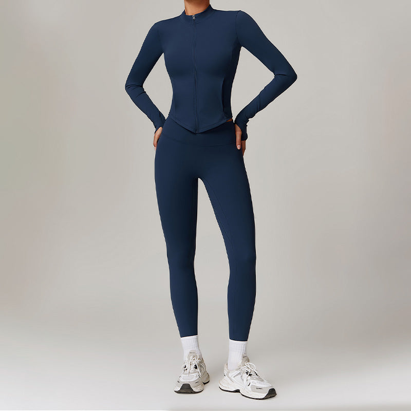 Fleece Long Sleeve Full Zipper Fitness Tops + High waist leggings set