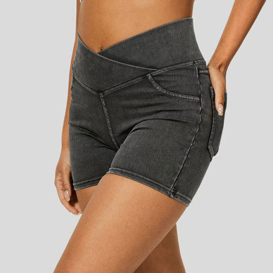 High Waist Cross Denim Yoga Sports Shorts